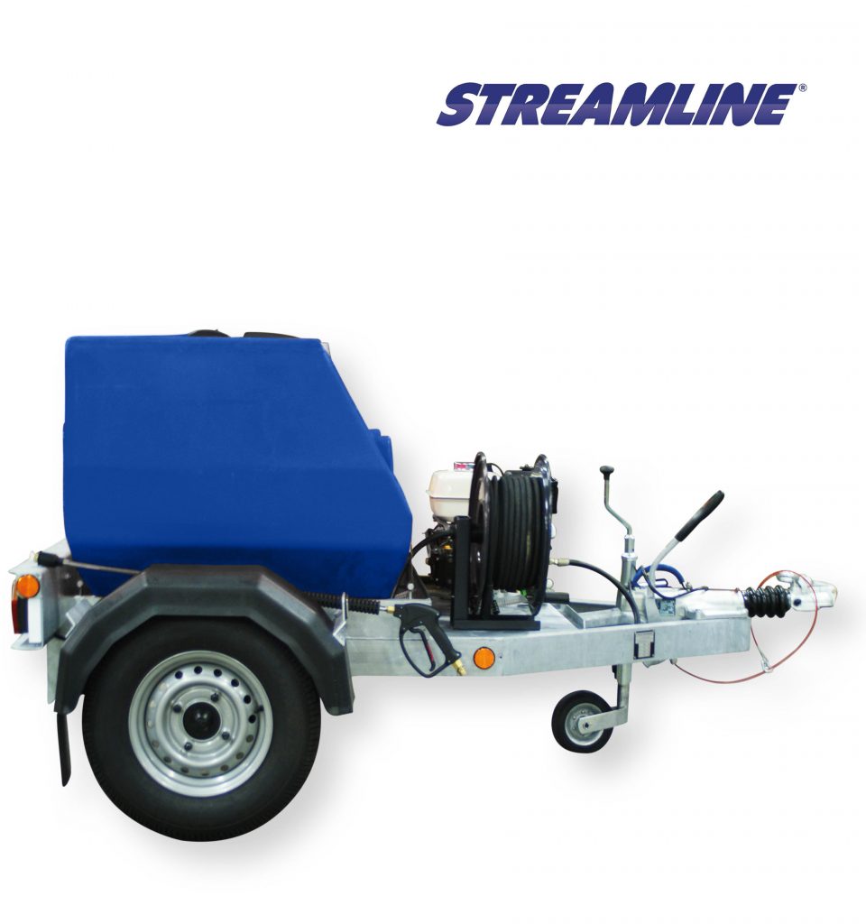 Denver 800ltr Trailer with Honda Powered Pressure Washer 16lpm 276bar, 30mtr Hose Reel, Blue tank