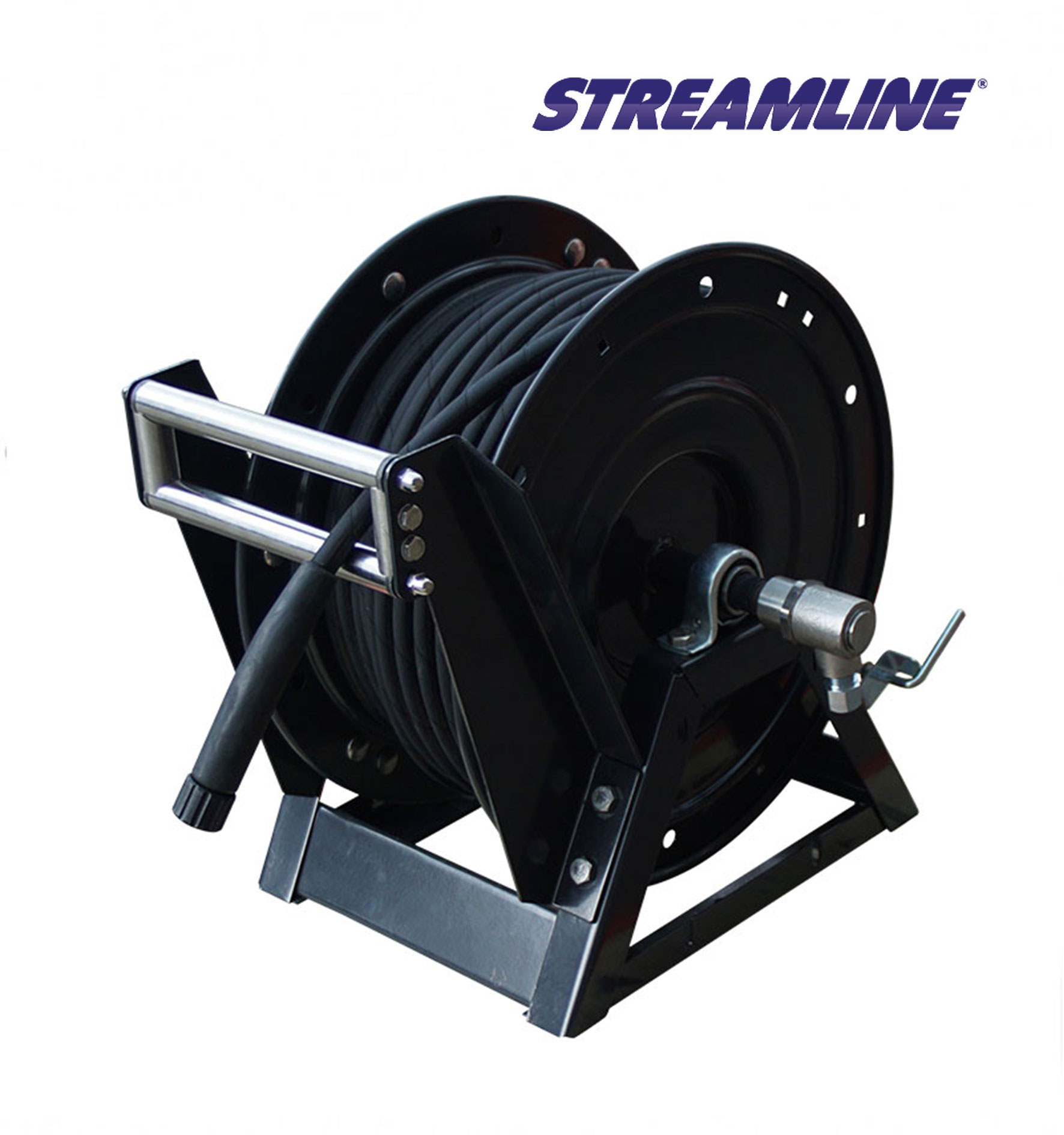 Metal A-frame hose reel with electric motor hose guide and 50Metres (150  feet) of 3/8 inch high pressure hose - Streamline Systems