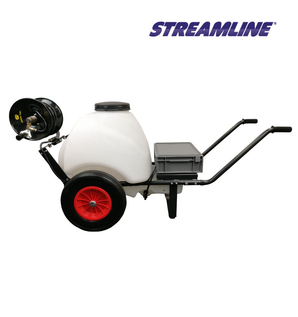 120-ltr Battery powered Softwash Barrow with chemical resistant pump and hose reel