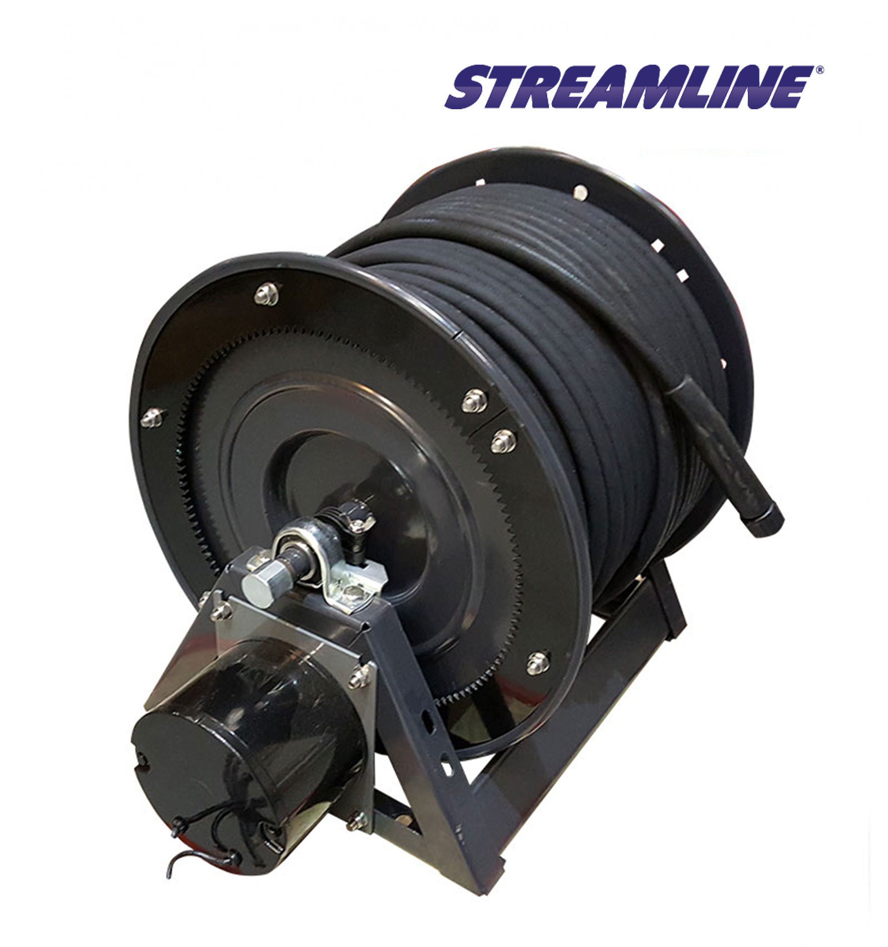 Hose reel high pressure 300' x 3/8 inch - A-frame type with motor & hose -  Streamline Systems