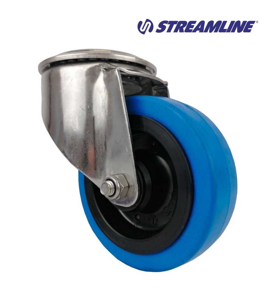 100mm Stainless Steel Swivel Bolt Hole Castor with Blue Rubber Wheel