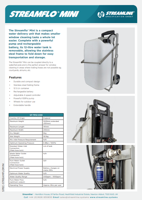 Streamflo® Mini 12Ltr Spec Sheet