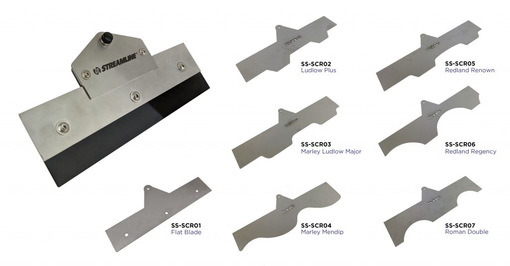 Streamline water fed pole moss removal attachment kit showcasing 8 different blades for various roof types