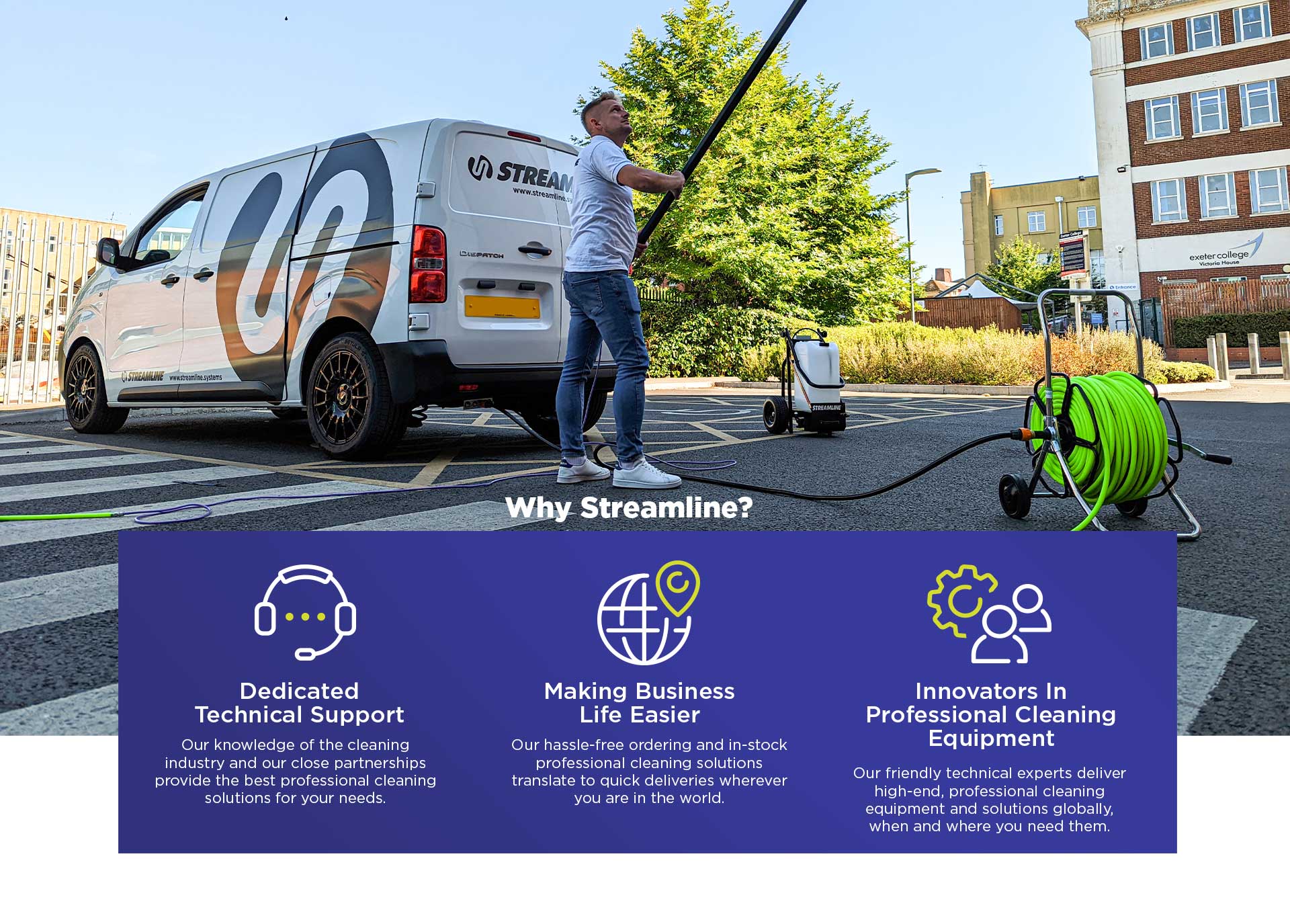 Streamline window cleaning van in Exeter UK, Man using water fed window cleaning pole